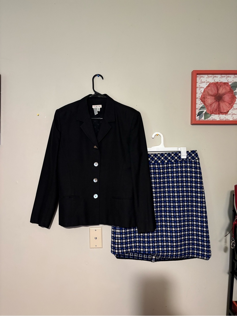 Talbots Black Blazer with Blue & White Patterned Skirt #58